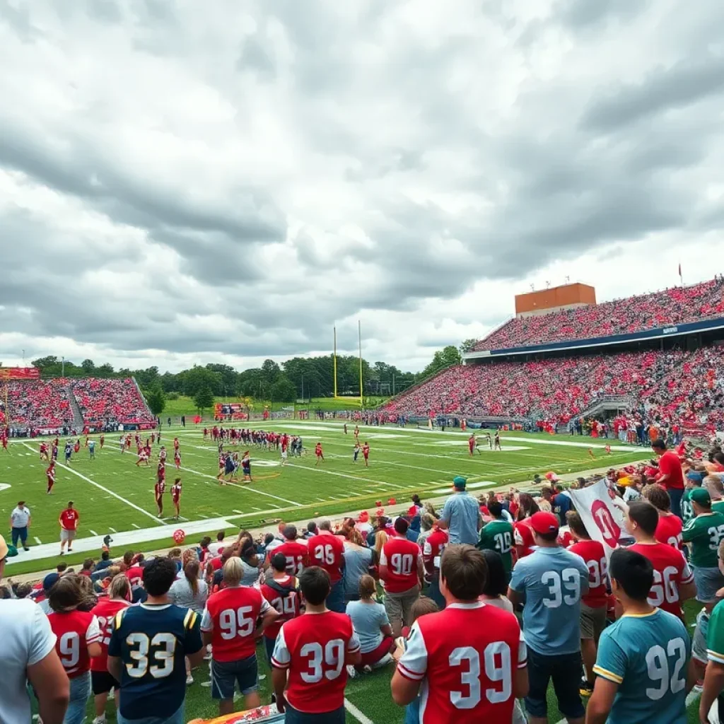 Excited fans and players at a Dallas high school football game