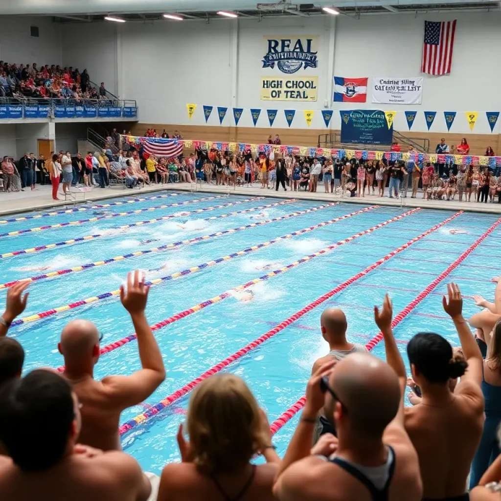 Action shot of high school swimmers competing in a state championship.