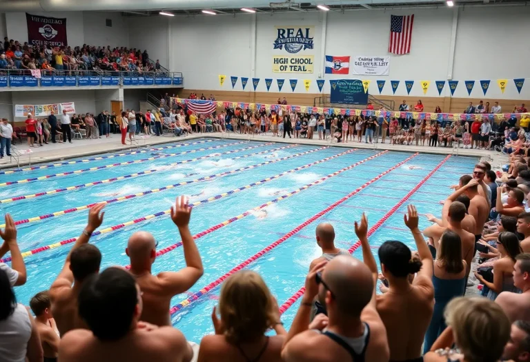 Action shot of high school swimmers competing in a state championship.