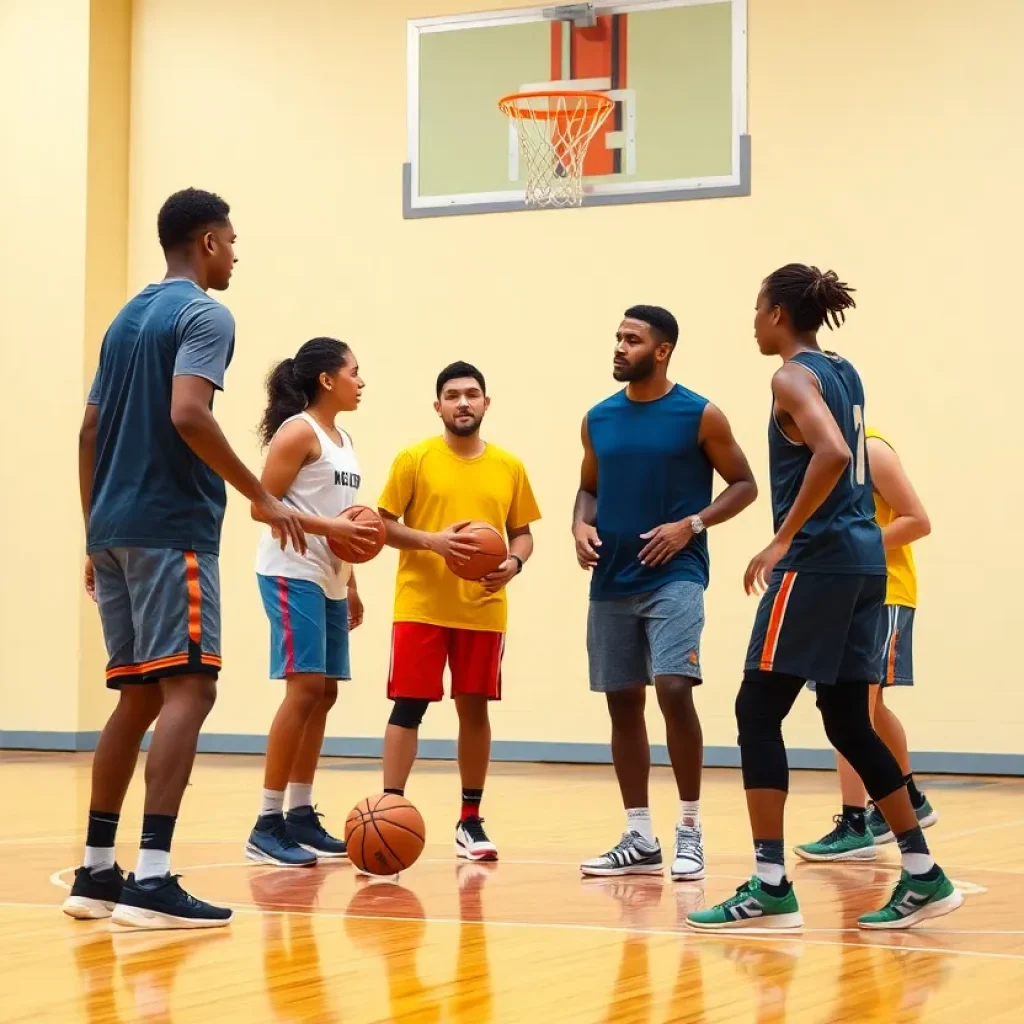 A diverse group of young athletes practicing basketball, representing teamwork and solidarity.
