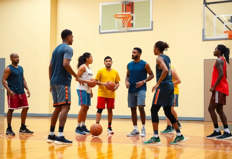 A diverse group of young athletes practicing basketball, representing teamwork and solidarity.