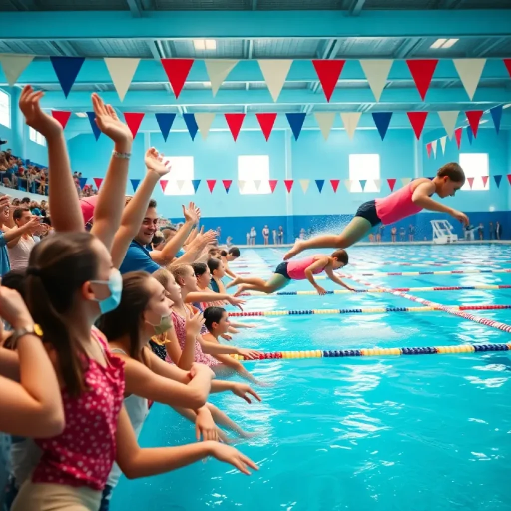 The Door County Girls Swim Team celebrates their win during a swimming meet.
