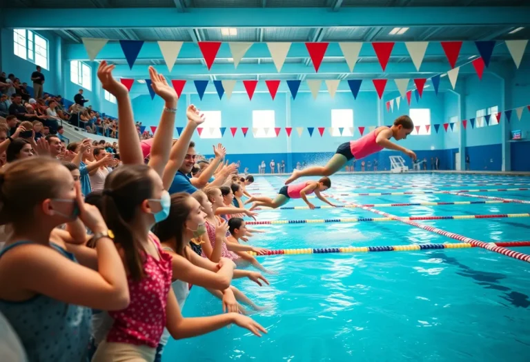 The Door County Girls Swim Team celebrates their win during a swimming meet.