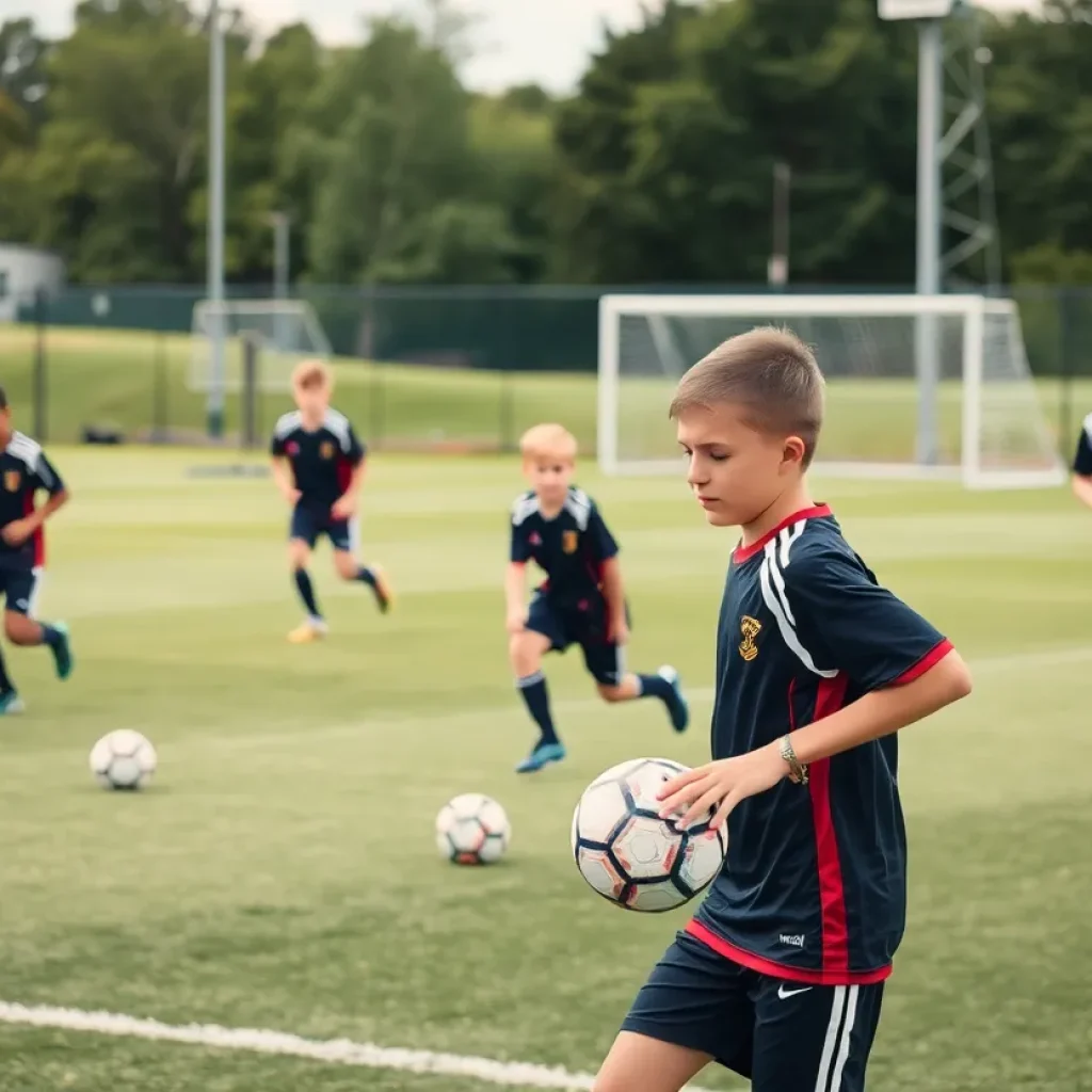 High school soccer players practicing on the field