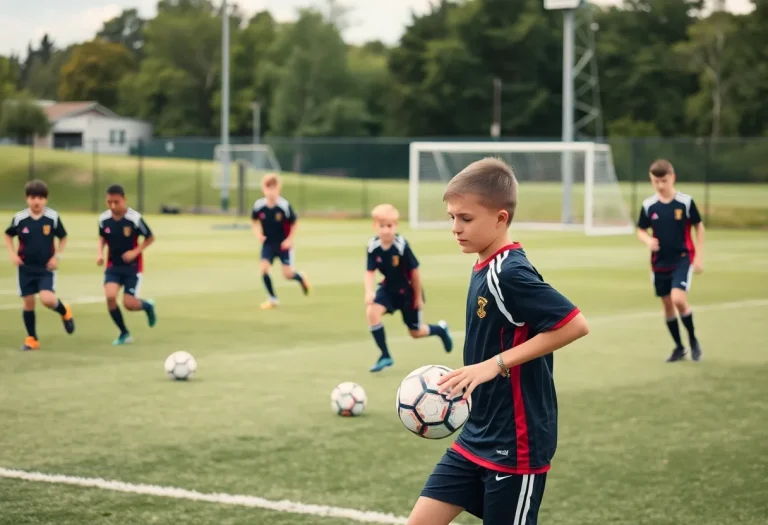 High school soccer players practicing on the field