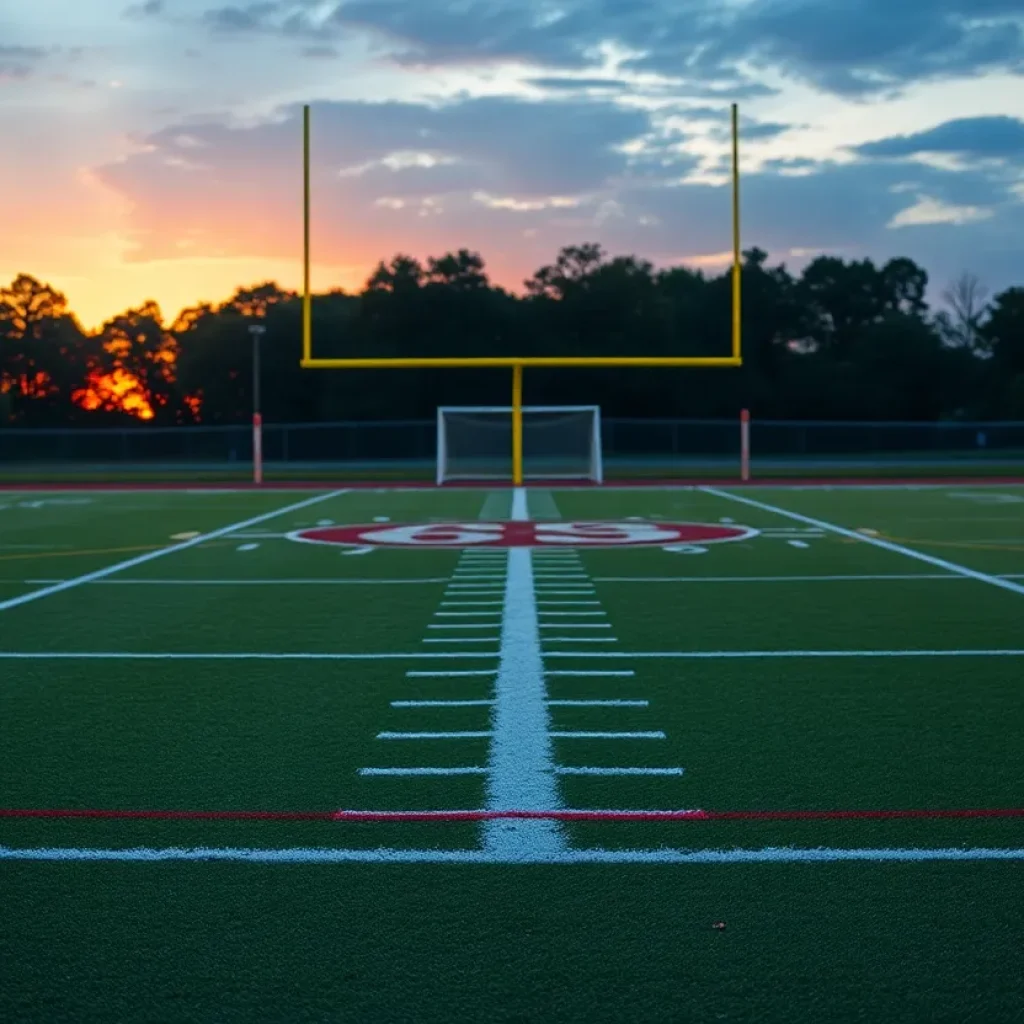 An empty football field with goalposts at sunset, representing loss in high school sports.
