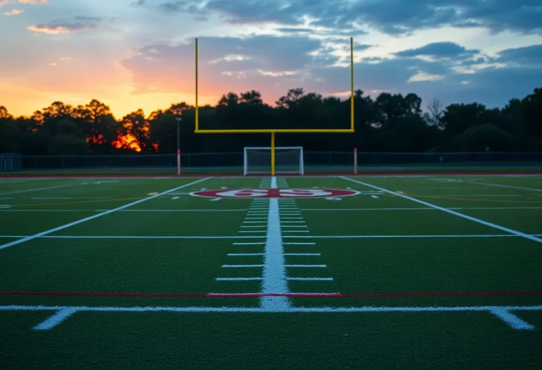 An empty football field with goalposts at sunset, representing loss in high school sports.