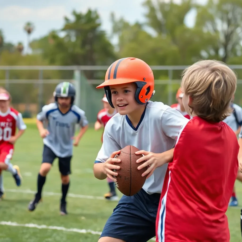 Group of young athletes playing football and baseball in a competitive environment.