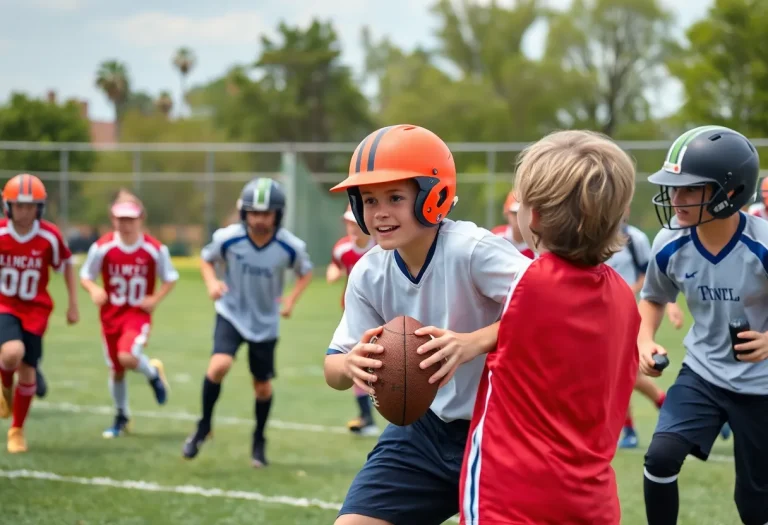 Group of young athletes playing football and baseball in a competitive environment.