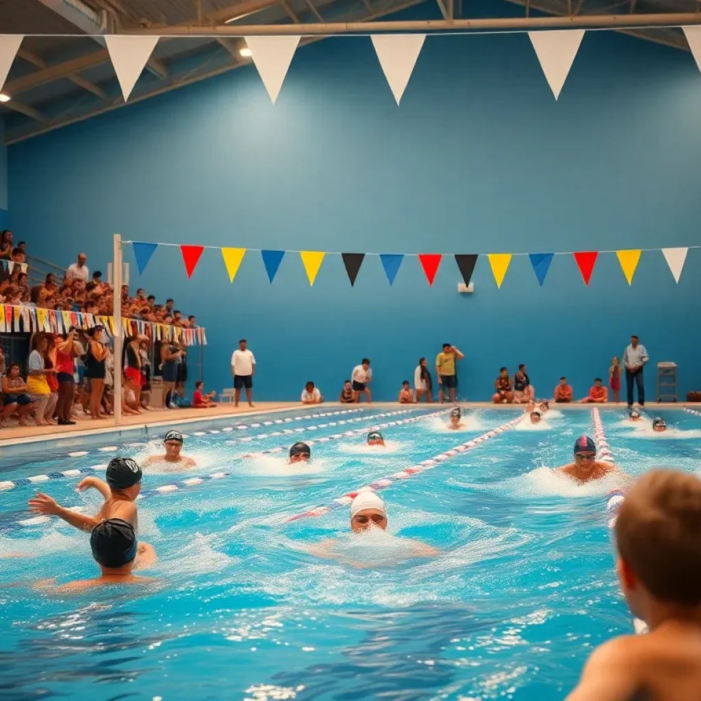 Swimmers competing at the Fish Bowl competition with cheering fans.