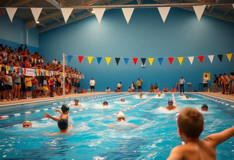 Swimmers competing at the Fish Bowl competition with cheering fans.