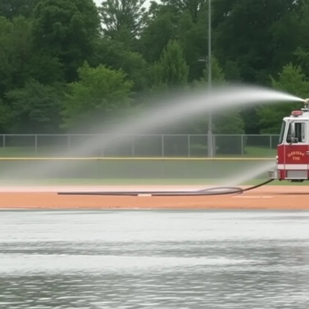 Baseball field flooded with water, fire truck in background.