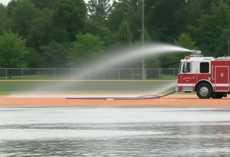 Baseball field flooded with water, fire truck in background.