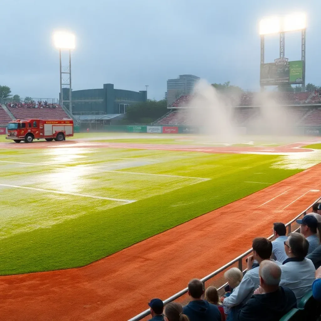 Fire truck flooding a baseball field