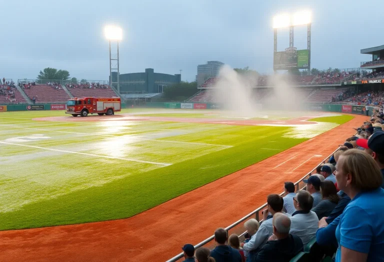 Fire truck flooding a baseball field