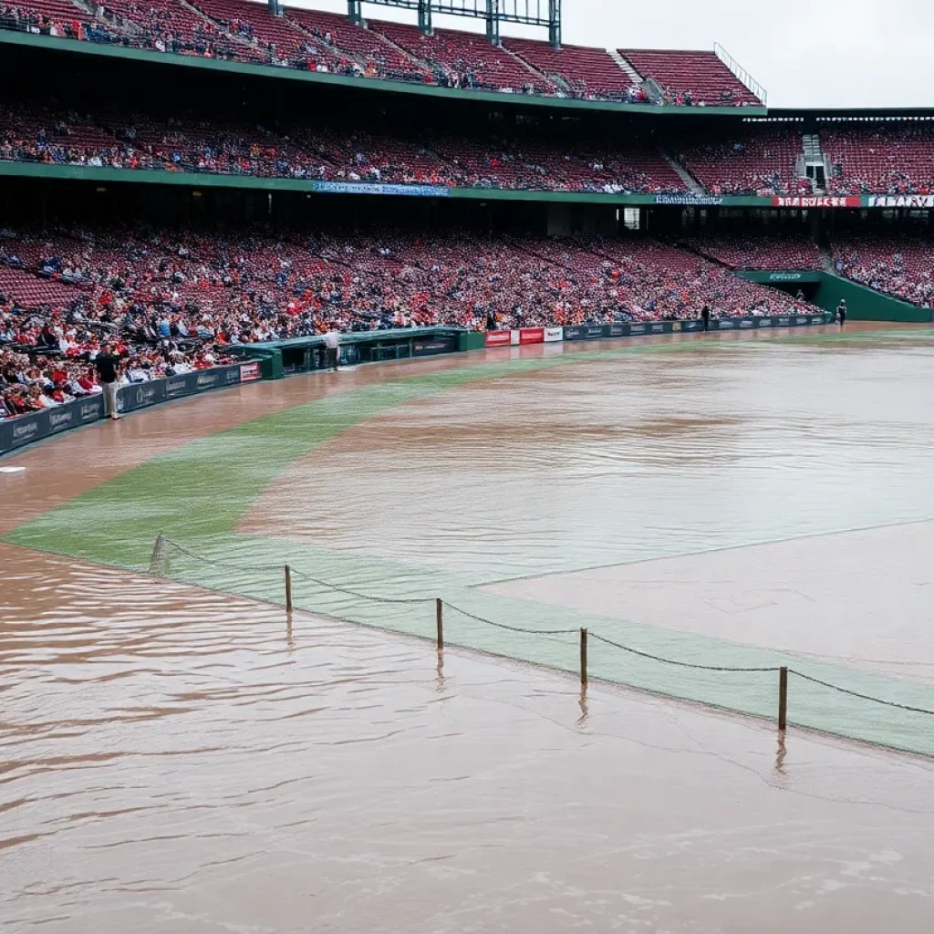 A baseball field heavily flooded with water causing disappointment among fans.