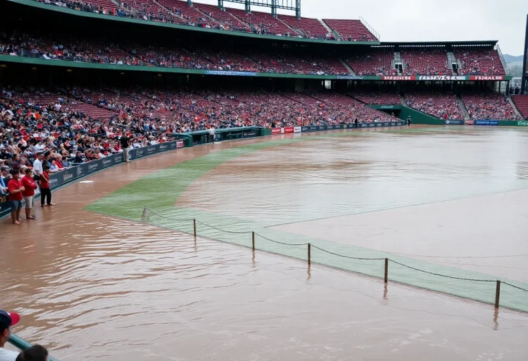 A baseball field heavily flooded with water causing disappointment among fans.