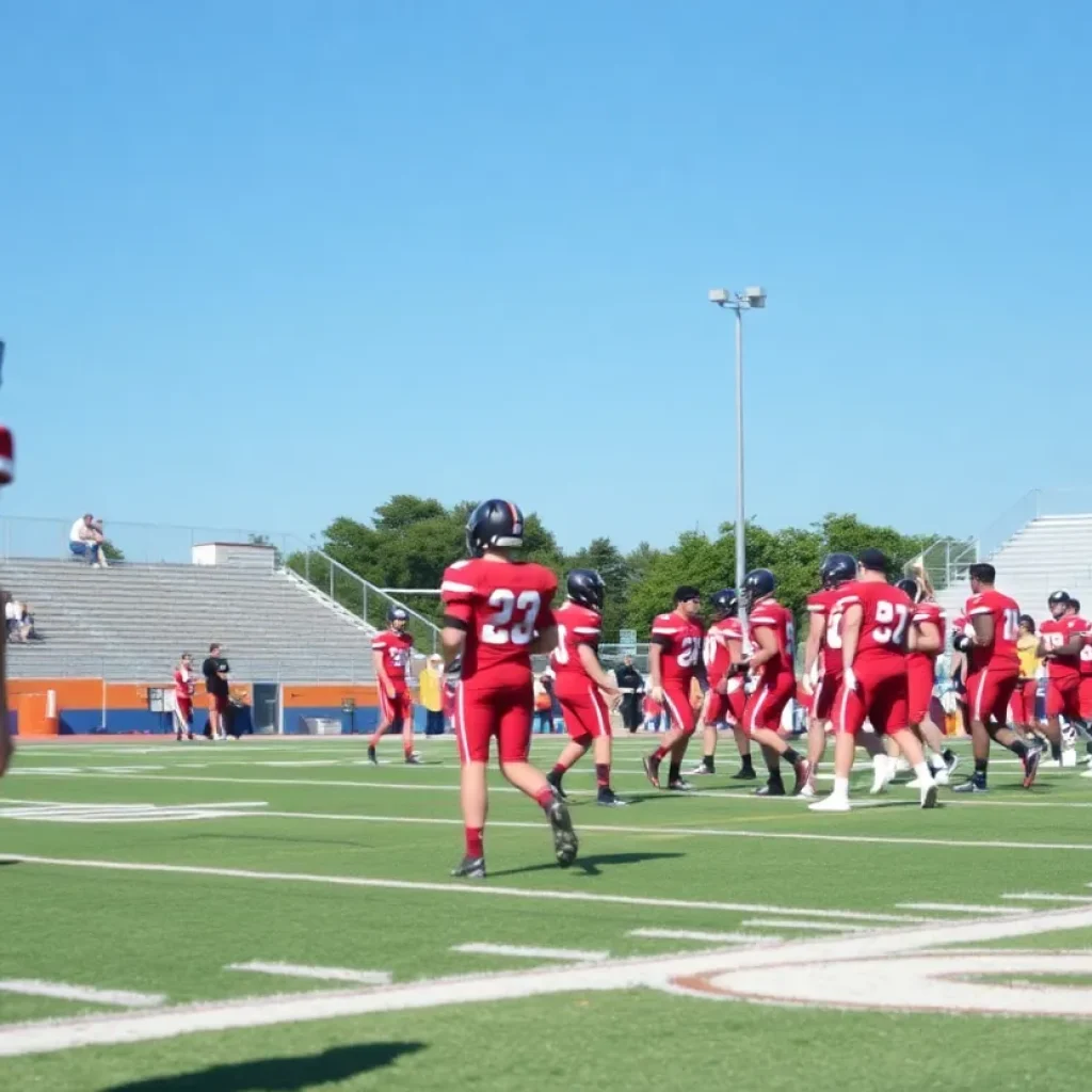 Football players practicing on the field at Charles Herbert Flowers High School