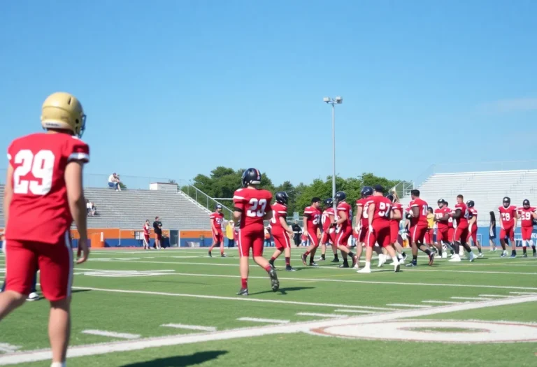 Football players practicing on the field at Charles Herbert Flowers High School