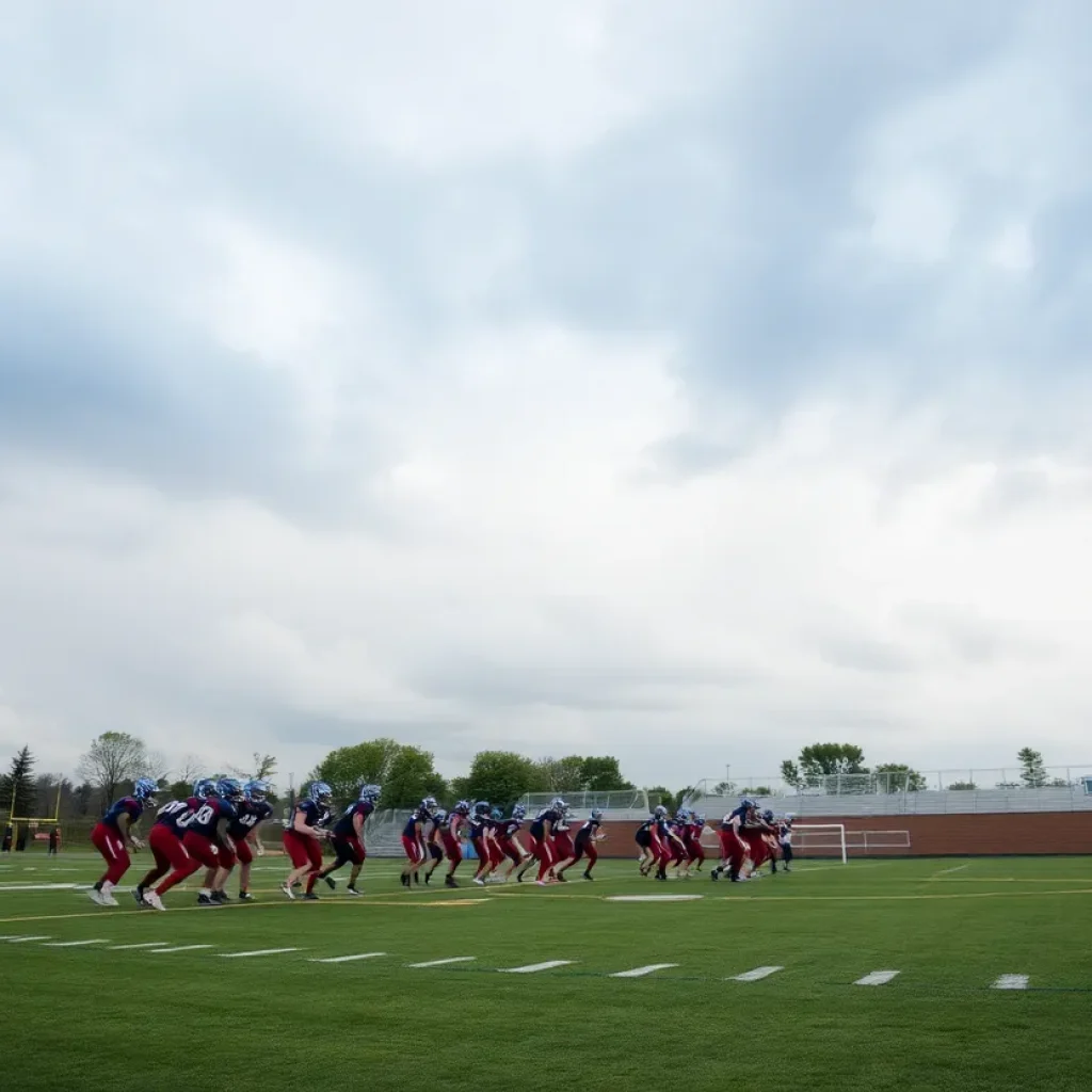 Football team practicing on a high school field