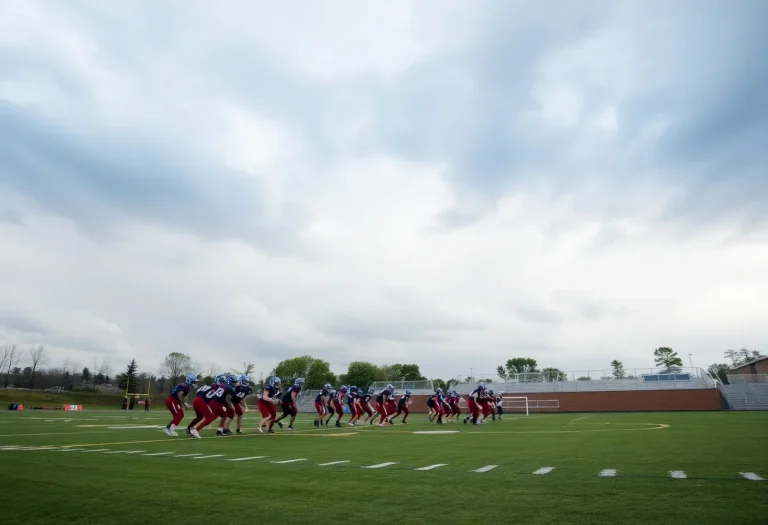 Football team practicing on a high school field
