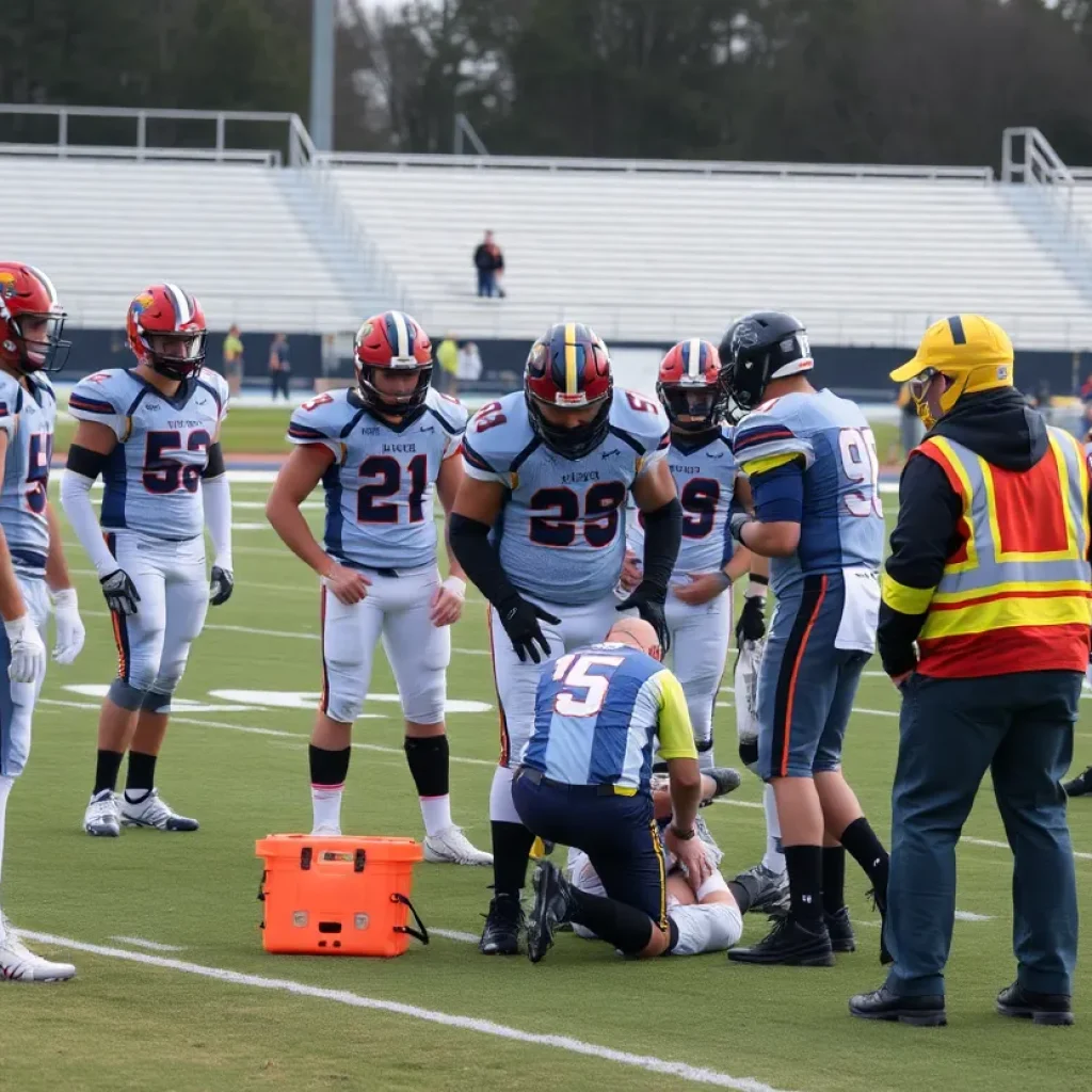 Medical personnel attending to an injured player on a football field.