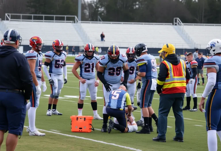 Medical personnel attending to an injured player on a football field.