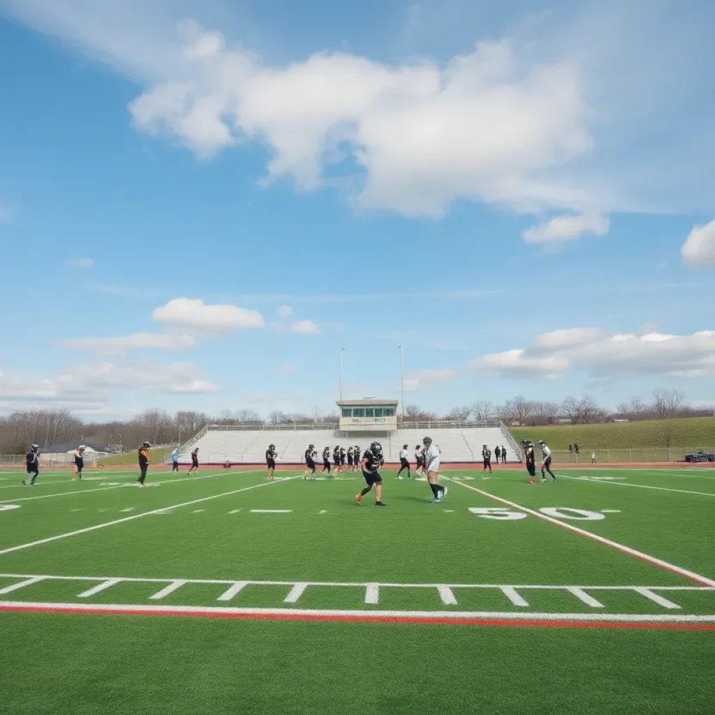 High school football players practicing on a field in Fox Chapel, Pennsylvania