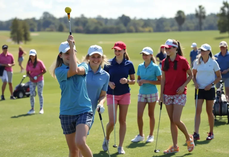 Girls participating in a golf tournament at a scenic golf course