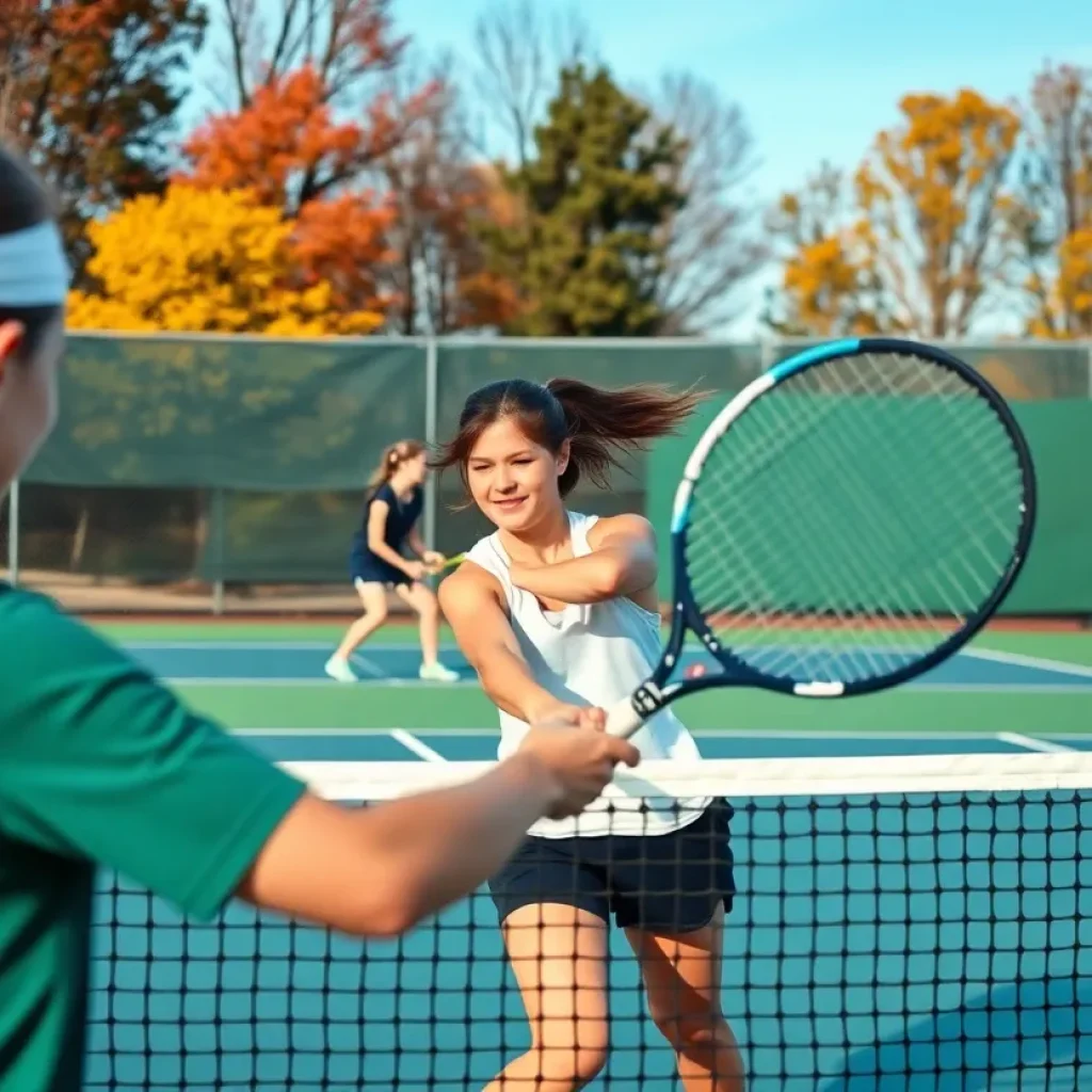Girls playing tennis in a high school match