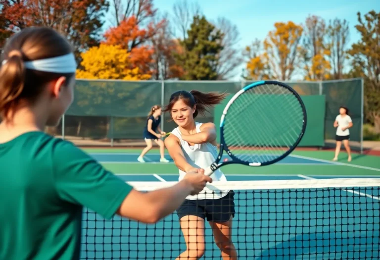 Girls playing tennis in a high school match