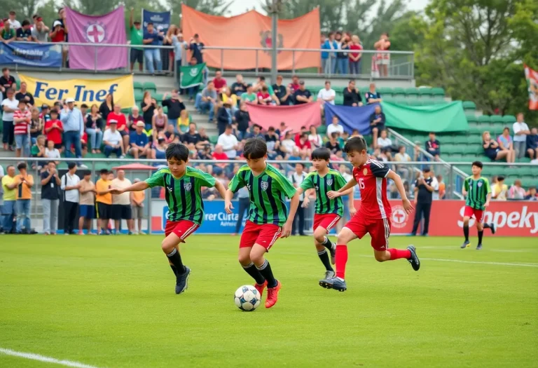 High school boys soccer teams competing in a match.