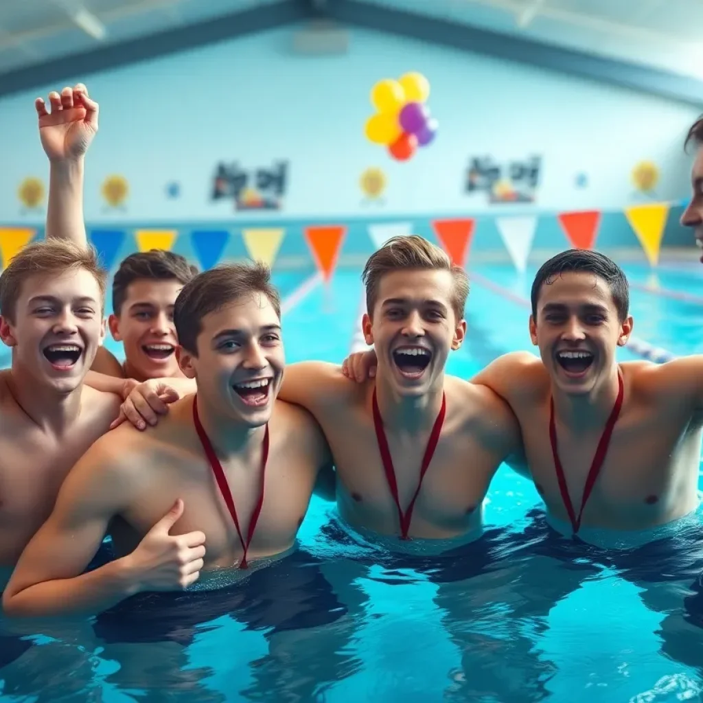 Hammond boys' swimming team celebrating their championship win