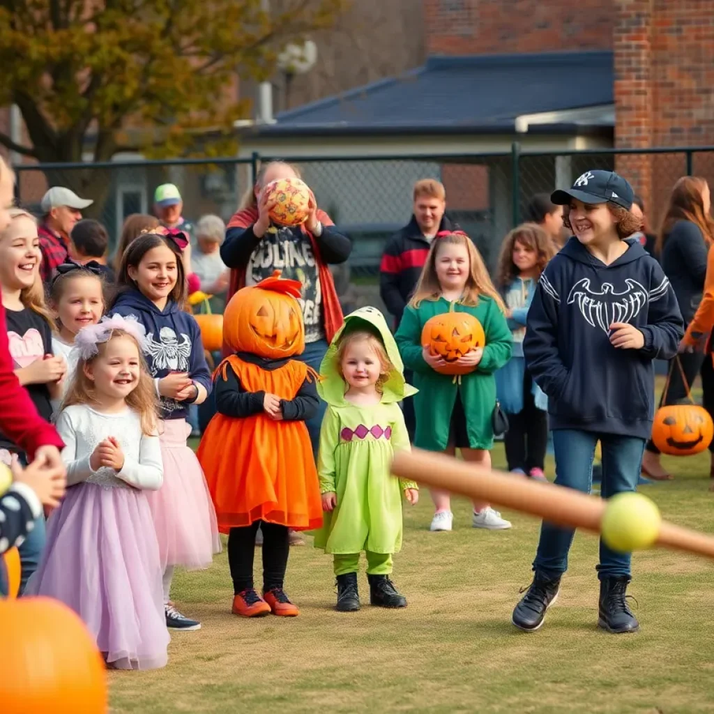 Families celebrating at Hattiesburg High School's Coed Monster Mash with costumes and games.