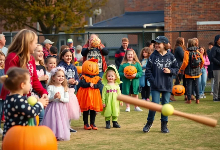 Families celebrating at Hattiesburg High School's Coed Monster Mash with costumes and games.