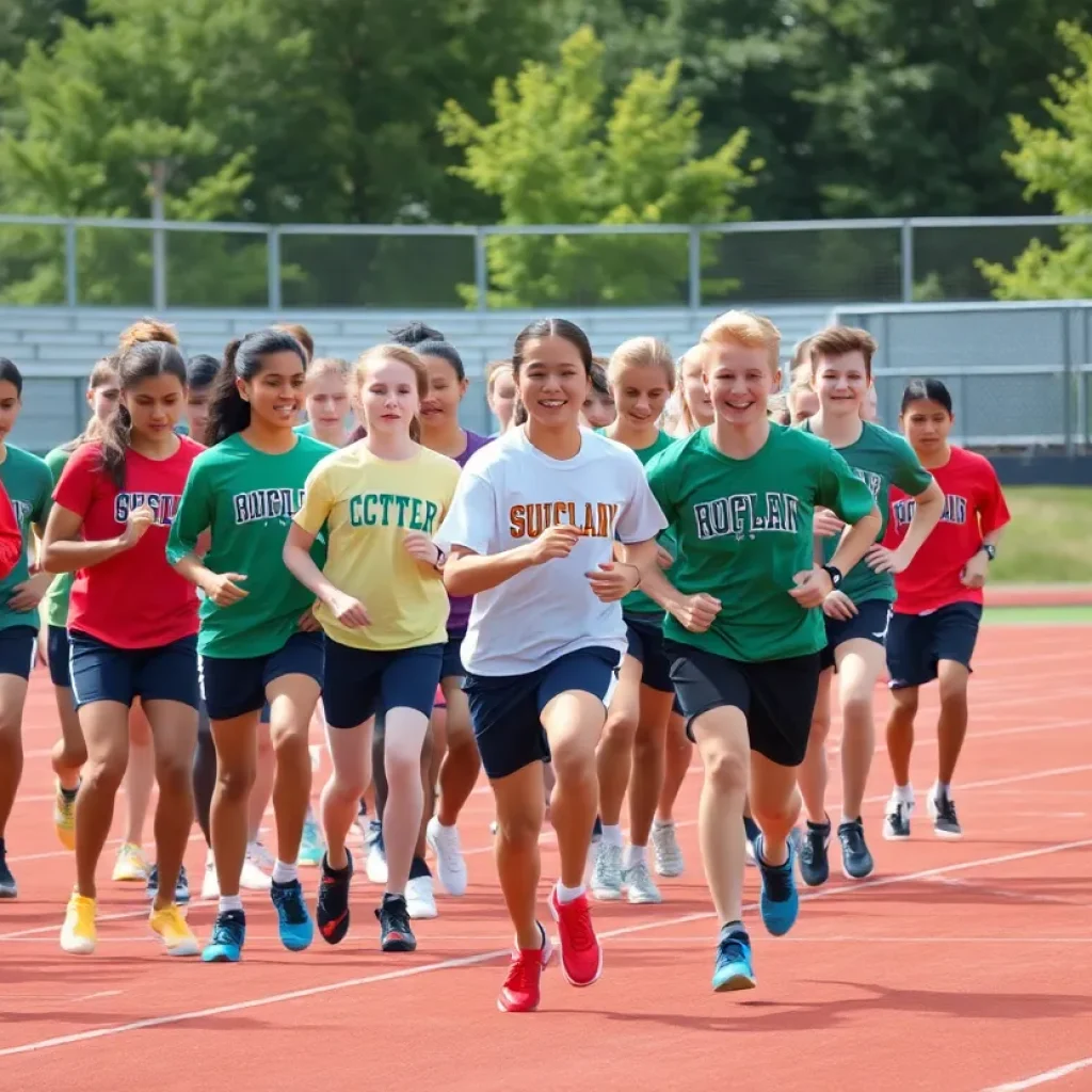 Track and field athletes training on outdoor track