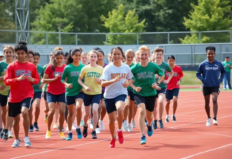 Track and field athletes training on outdoor track