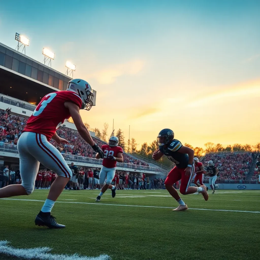 High school football players in action on the field with a cheering crowd.