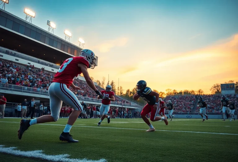 High school football players in action on the field with a cheering crowd.