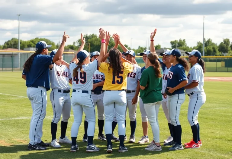 A diverse high school baseball team celebrating their camaraderie on the field.