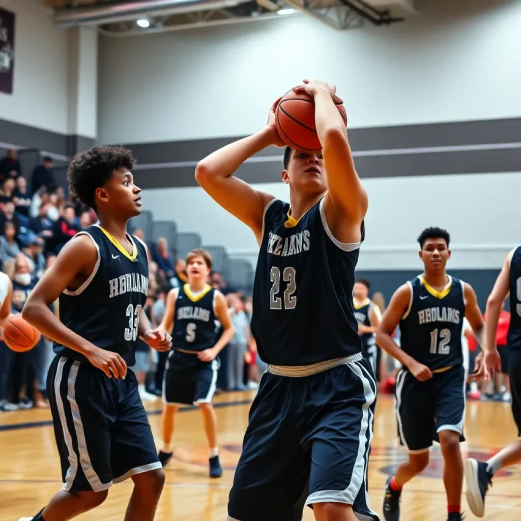 High school basketball players in action during a game