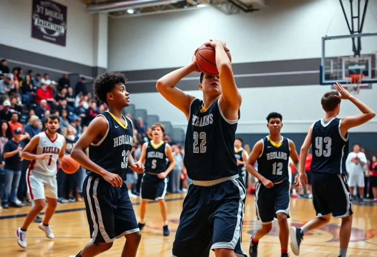 High school basketball players in action during a game