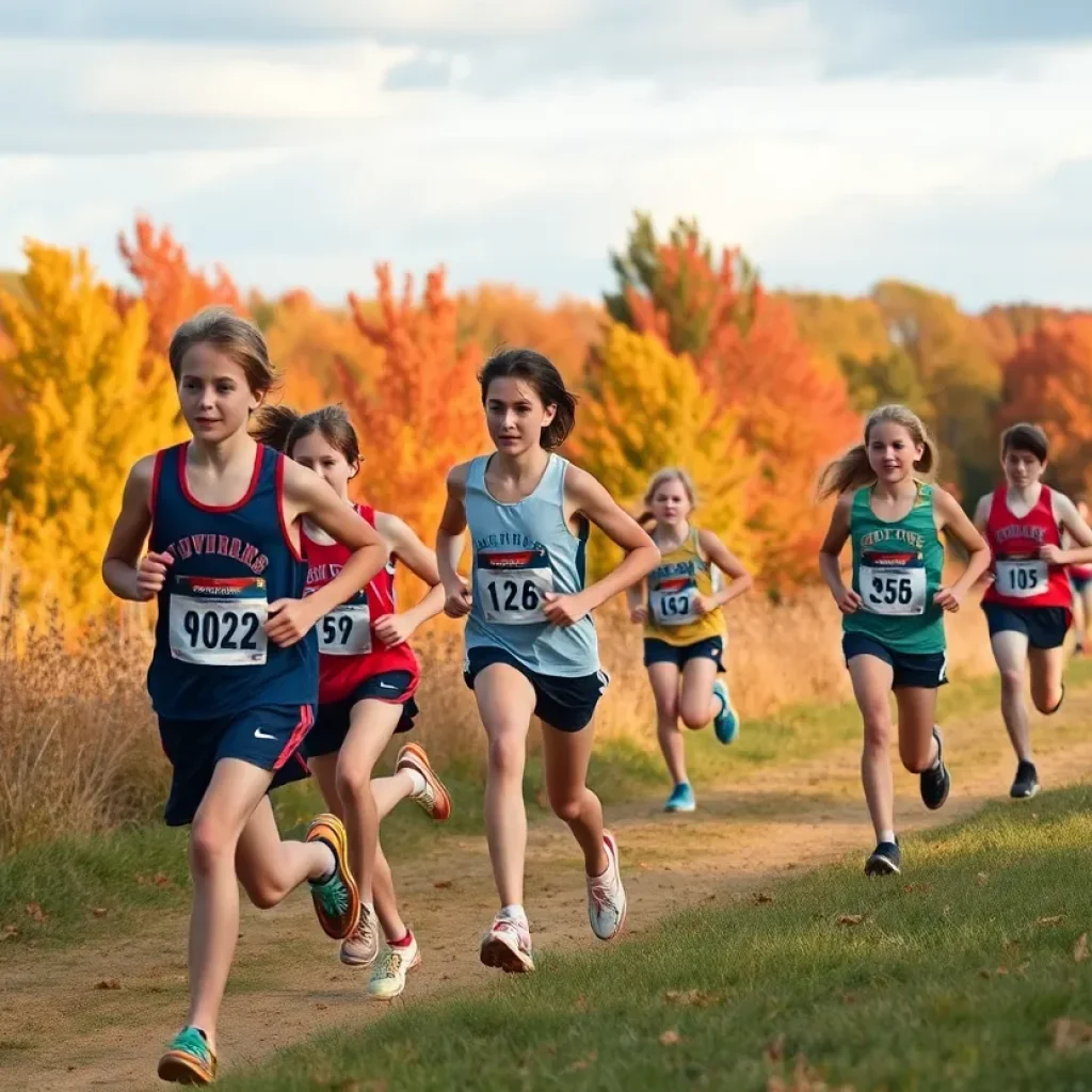 High school runners competing in a cross-country race during autumn.