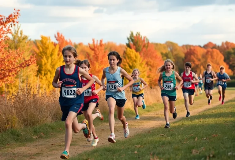 High school runners competing in a cross-country race during autumn.