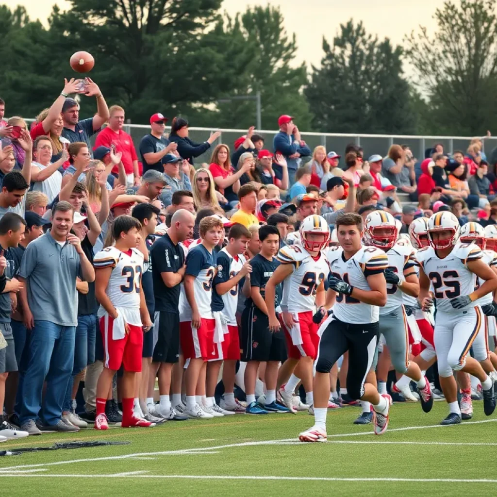 High school football players in action during a game, with fans cheering in the background.