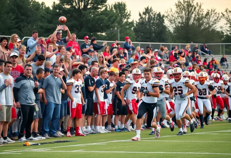 High school football players in action during a game, with fans cheering in the background.