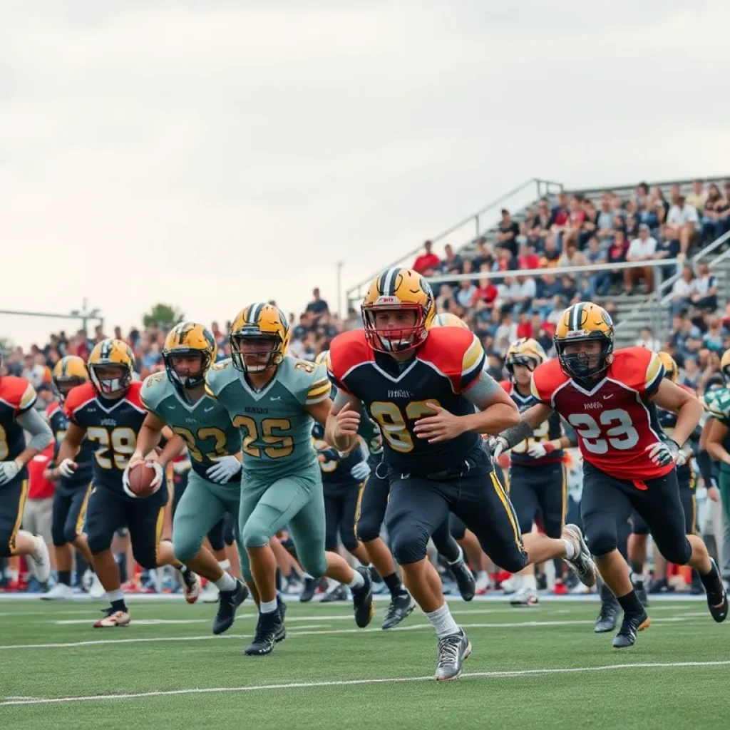 Group of high school football players in action on a field