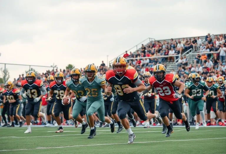 Group of high school football players in action on a field