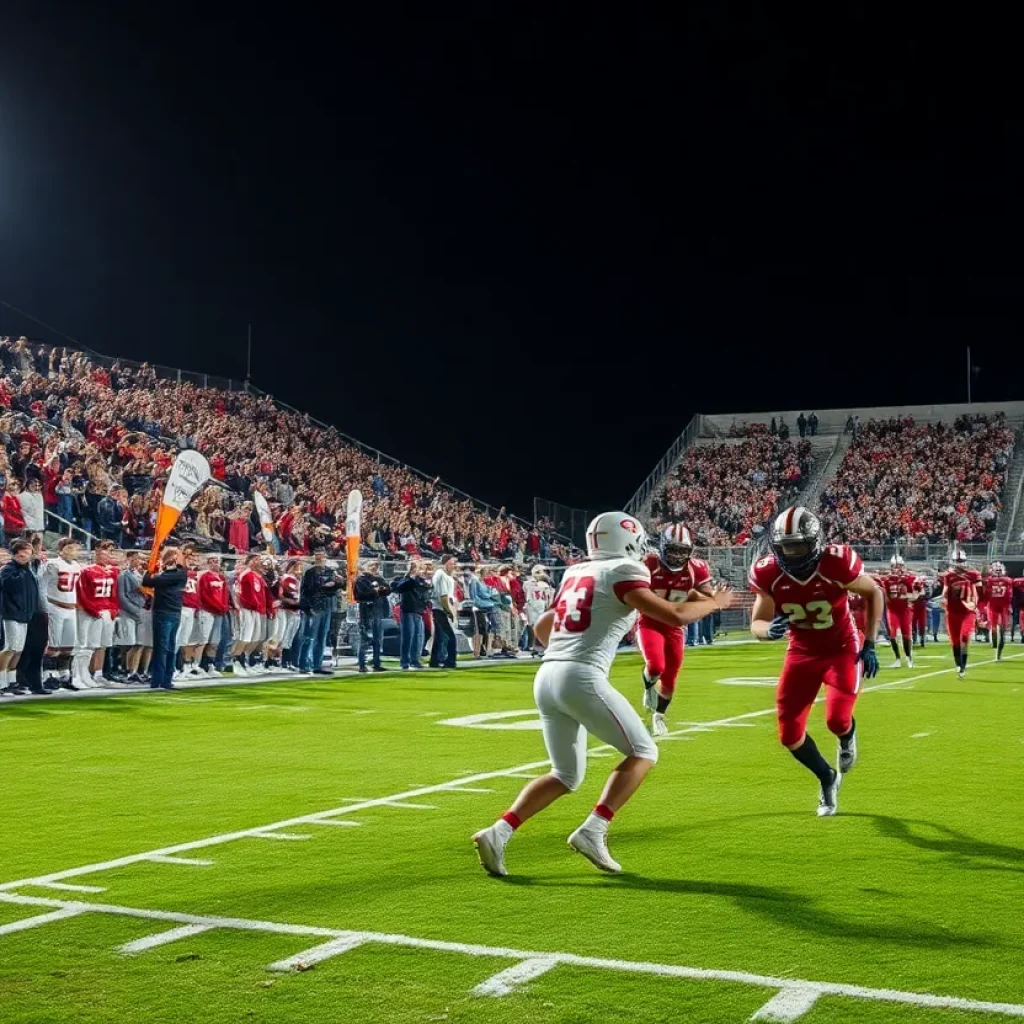 Action shot of high school football players during a game