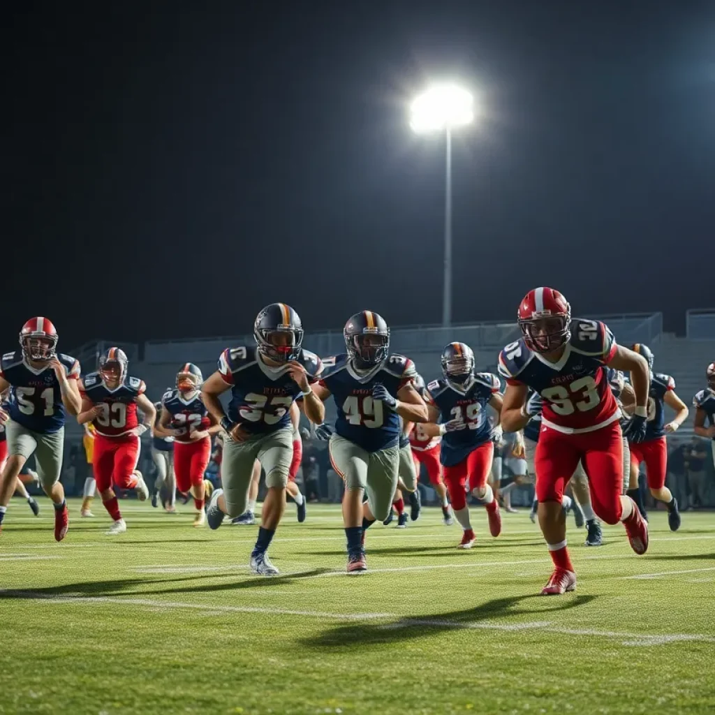 High school football players competing on the field